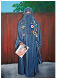 <b>Burka with badges</b>: one of Maple's paintings which is hurting the sentiments of some Muslims