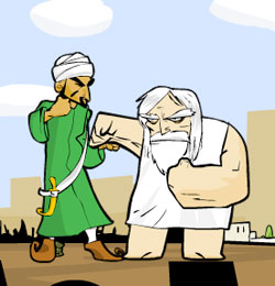 <b>Round one:</b> Mohammed and God duke it out in Molleindustria's Faith Fighter